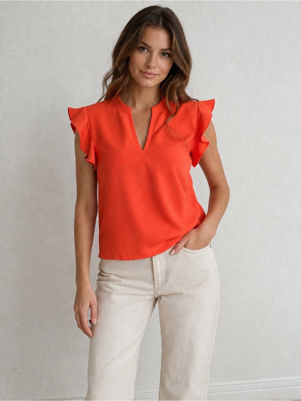 New York & Company Orange Ruffle Sleeve V-Neck Blouse